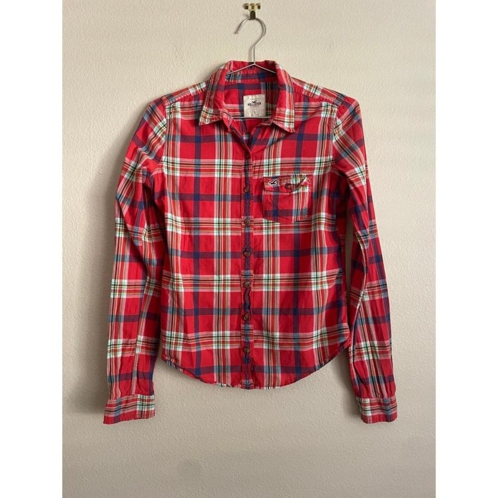 Y2K Hollister Plaid‎ Button Up Long Sleeve Shirt Top Preppy Fall Logo Lumberjack